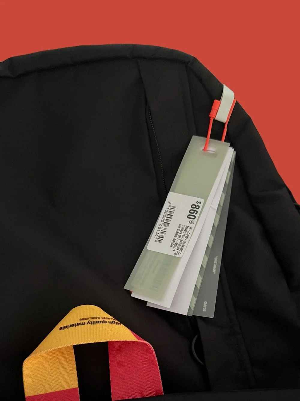 Off-White Black Backpack with Yellow and Red Strap Accents